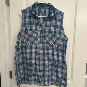 90’s Vintage Cottagecore Denim Plaid Shirt with Embroidered Floral Collar